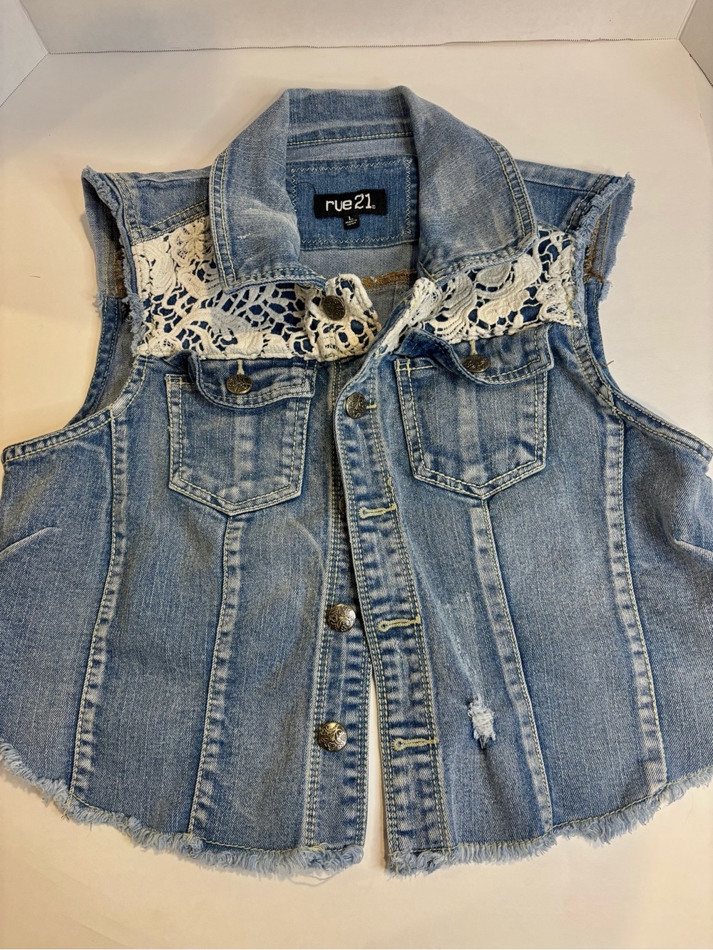 rue21 Light Blue Denim Sleeveless Jacket with White Lace Yoke